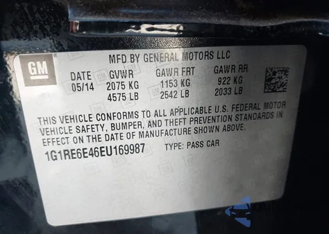 2014 Chevrolet Volt из США, поврежденный, VIN 1G1RE6E46EU169987